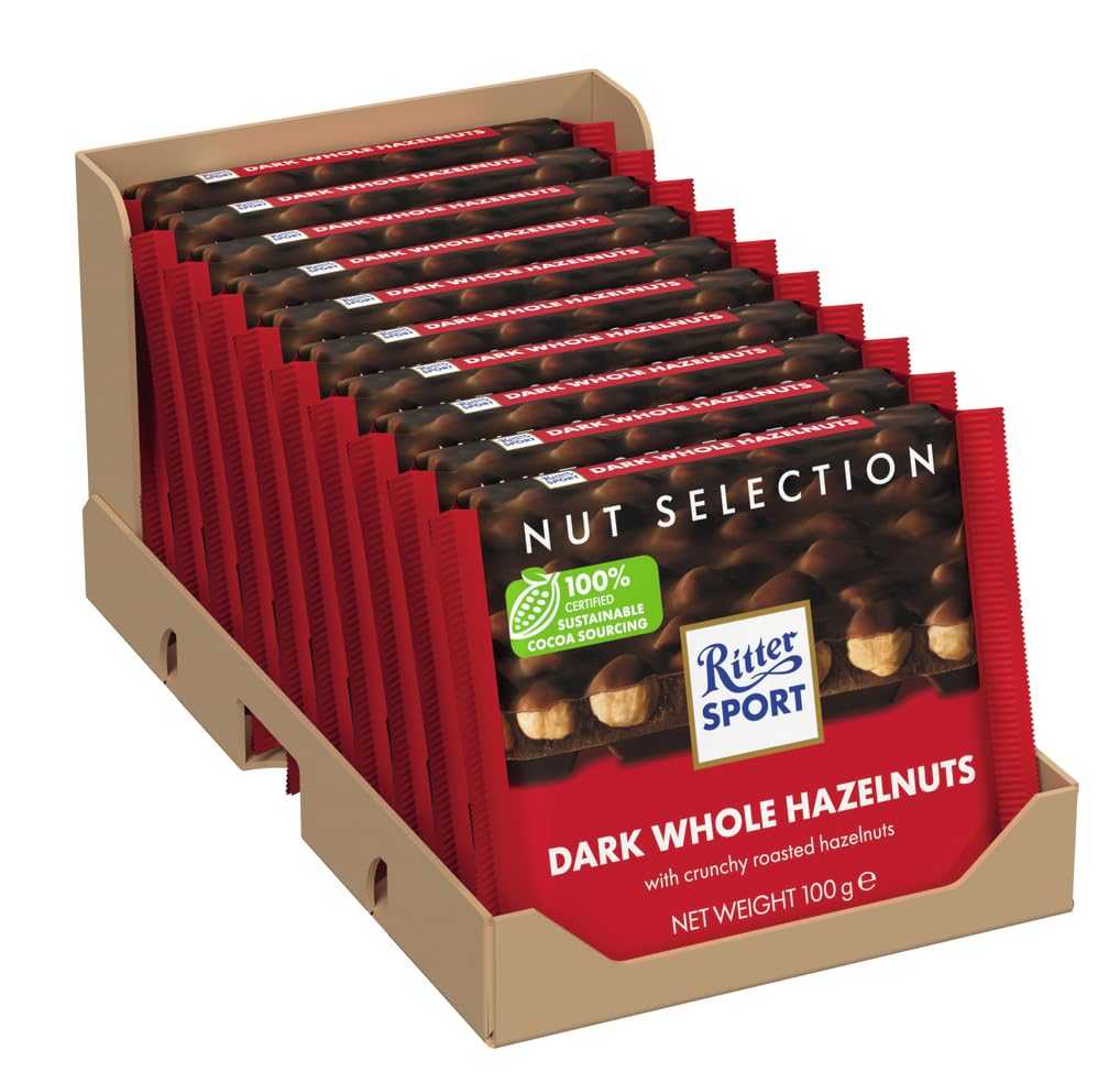RITTER SPORT Fondente Nocciole Intere, Tavoletta di Cioccolato Fondente Con Nocciole Intere, Cacao 100% Certificato Sostenibile, 10 Pezzi da 100 g
