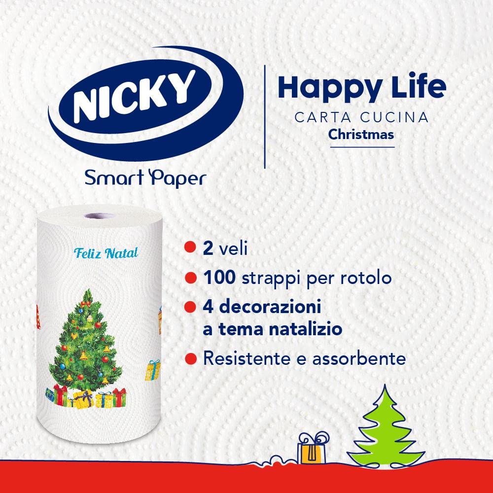 Nicky Happy Life Christmas- Carta a 2 Veli Cucina Natalizia, 24 Rotoli Asciugatutto da 100 Strappi, Apertura Facilitata, 4 decori natalizi diversi, Resistente ed Assorbente, Carta FSC
