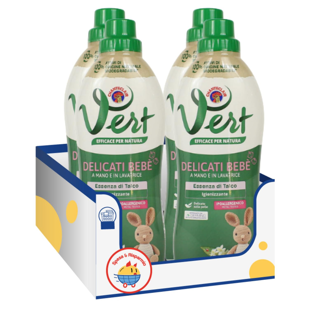 Detergente liquido per bucato capi delicati vert bebe – 750 ml kit con Spugna Brandizzata SPESA & RISPARMIO Inclusa – Variazioni 4/8/12 Pezzi