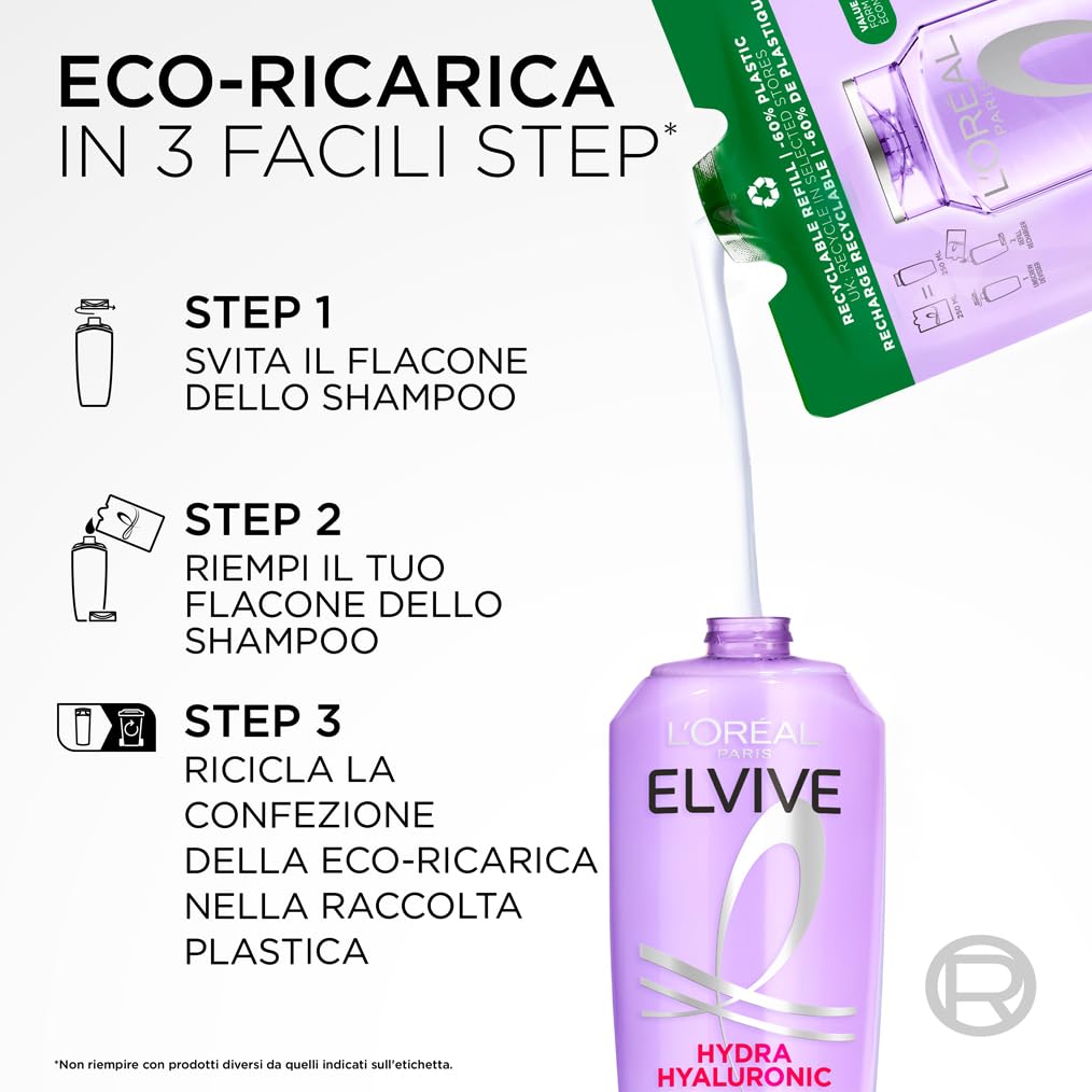 L'Oréal Elvive Shampoo Idratante, Per Capelli Secchi e Spenti, Capelli Luminosi, Voluminosi e Leggeri, 72H di Idratazione, Con Acido Ialuronico Puro, Formato Eco-Ricarica, Hydra Hyaluronic, 250 ml