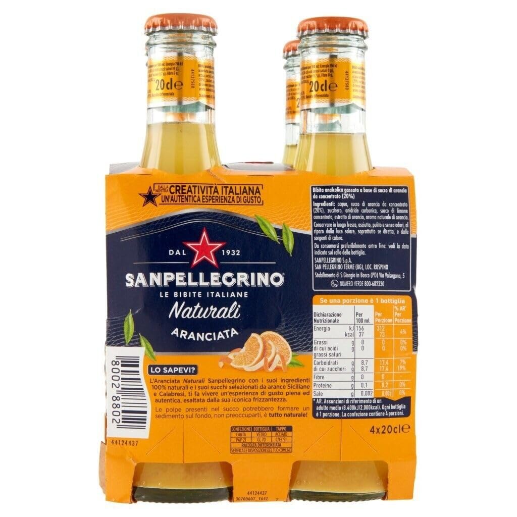 48x San Pellegrino Aranciata Naturali Bevanda Analcolica Rinfrescante con succo di Arancia italiano, Bottiglia di vetro 20cl
