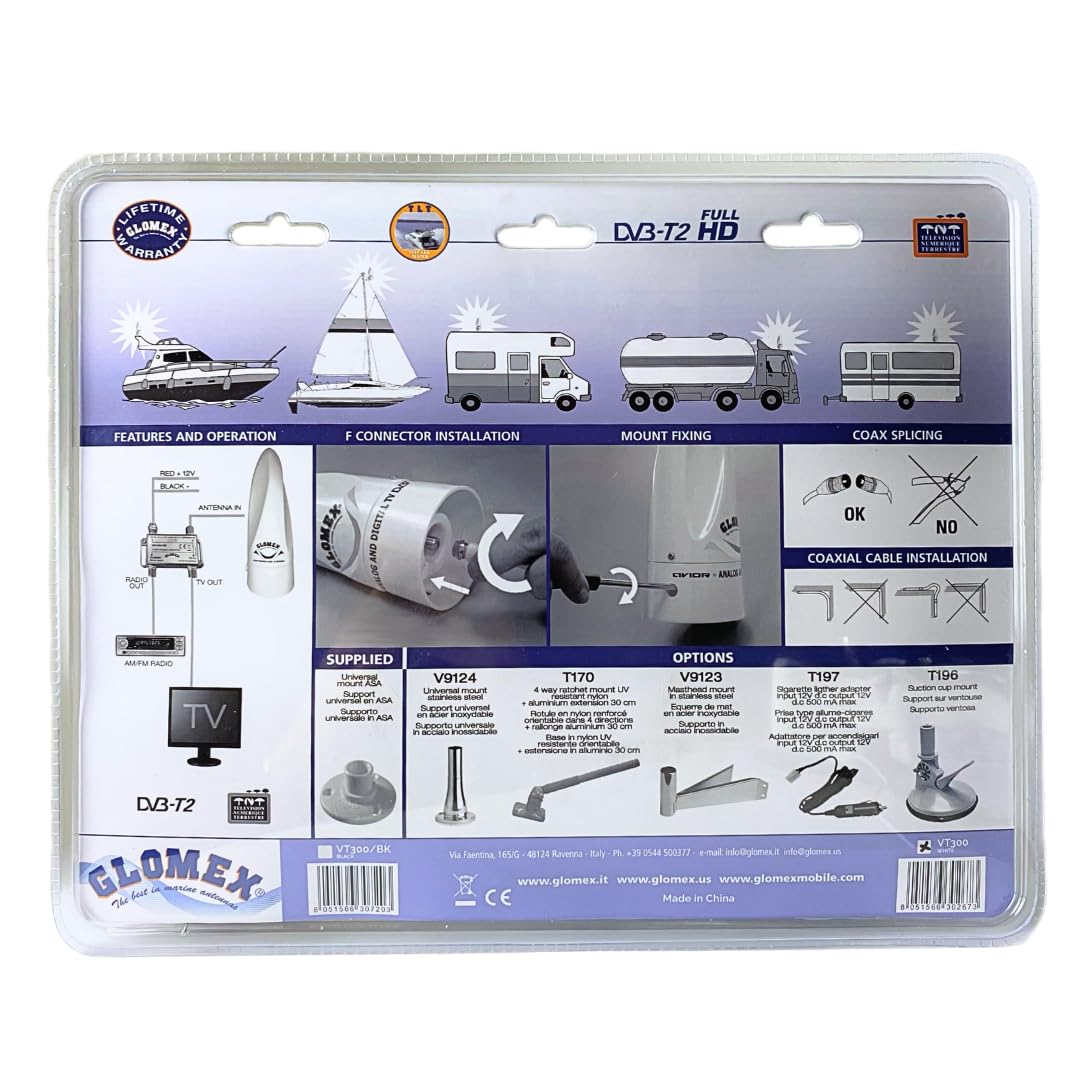 Glomex Antenna TV e FM DVB-T2, 210 mm/8", 24,5 con amplificatore integrato