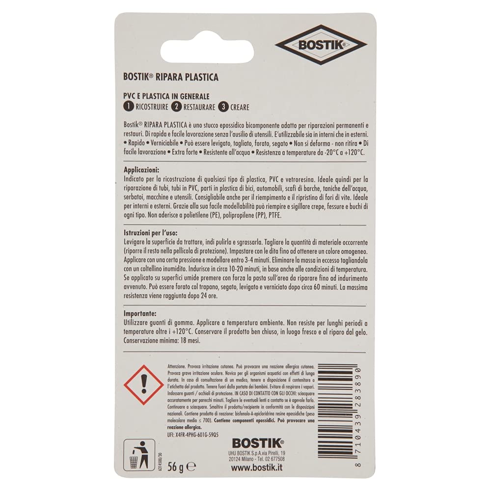 Bostik Ripara Plastica Blister, Grigio, 56 Gr