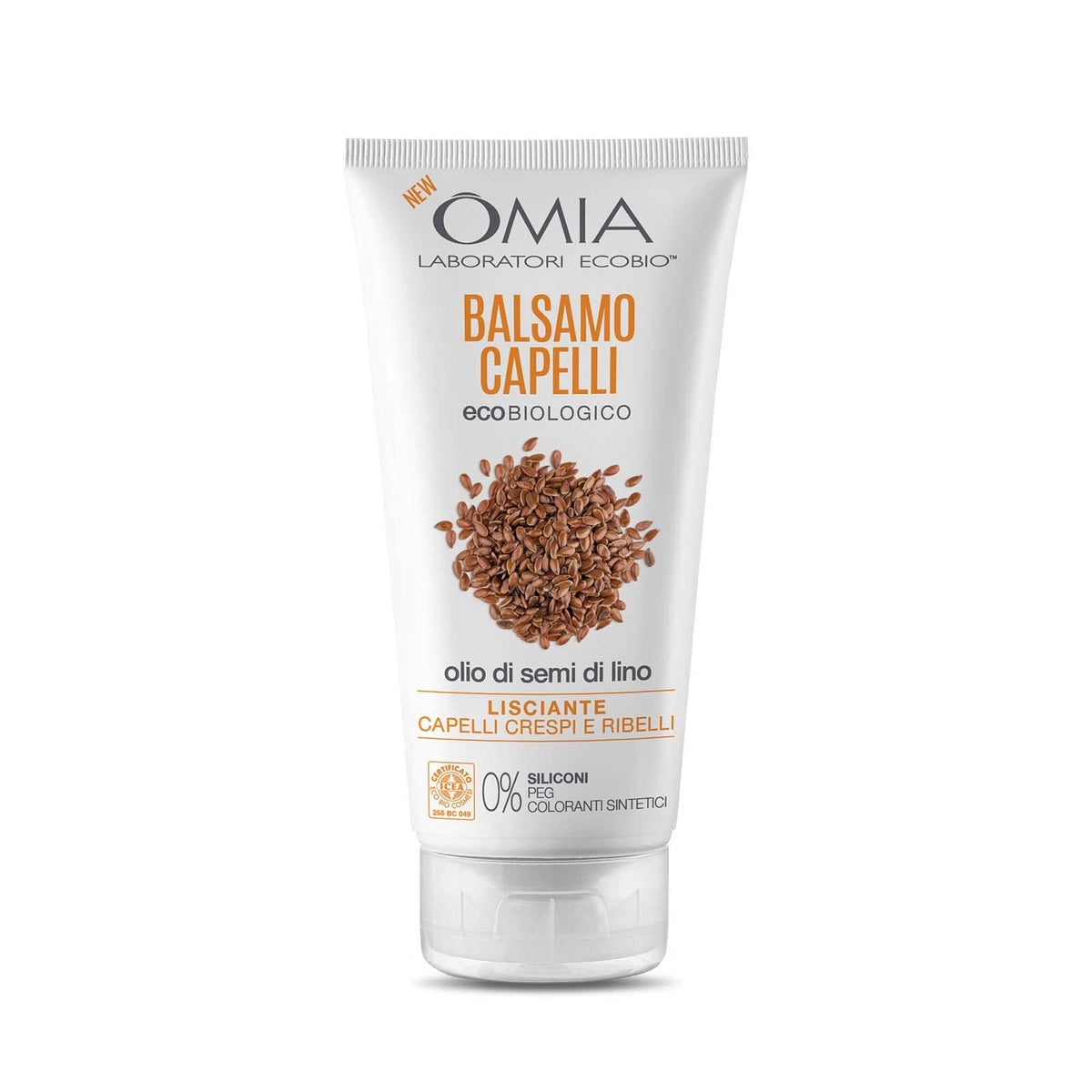 Omia, Balsamo Capelli Eco Bio con Olio di Semi di Lino, Per Capelli Crespi, Lisciante e Disciplinante, Adatto ad un Uso Frequente, Senza Siliconi, Dermatologicamente Testato - Flacone da 180 ml