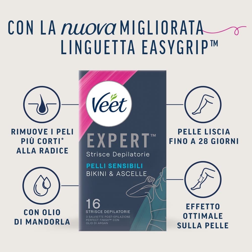 Veet Expert Strisce Depilatorie Ascelle e Zona Bikini, Ceretta per Pelli Sensibili con Olio di Mandorla, Dermatologicamente Testate, 16 Strisce (8x2 Strisce) + 3 Salviette Post-Epilazione