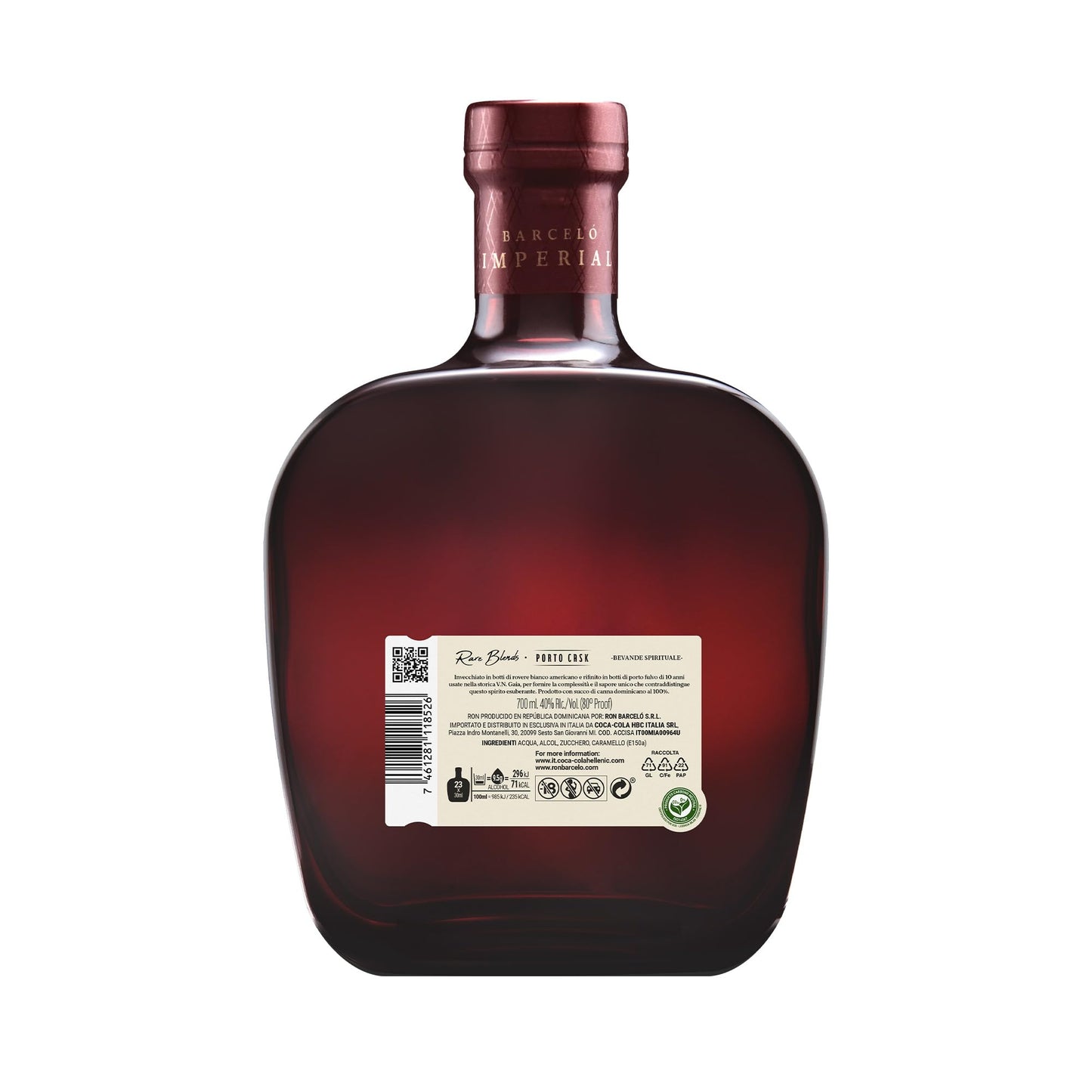 Ron Barceló, Imperial Porto Cask, Rum Ambrato, Invecchiato Naturalmente fino a 10 anni in Barrique di Rovere, 100% Succo di Canna da Zucchero, Gradazione 40% Vol - Bottiglia da 700 ml