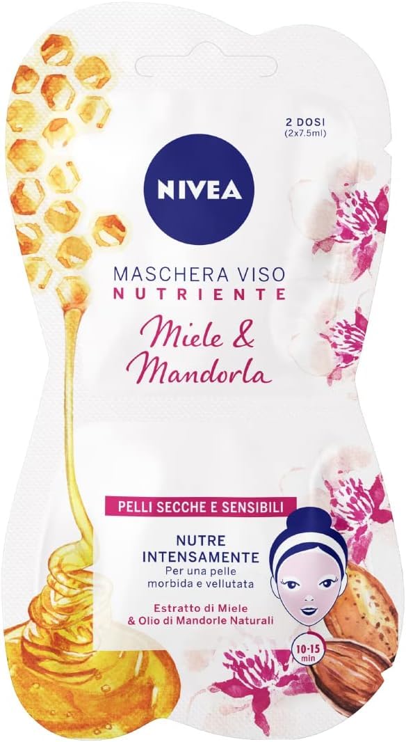 NIVEA Maschera Nutriente Intensiva 3 x 15 ml ciascuno, Maschera viso con Estratto di Miele, Olio di Mandorle e Hydra IQ, Maschera pelli sensibili, secche e stressate