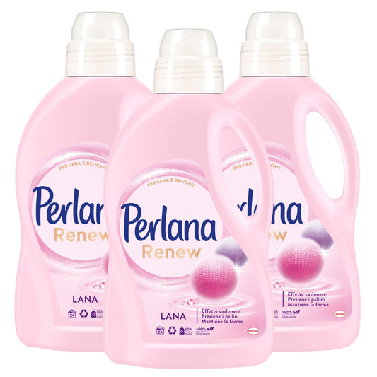 Perlana Renew Lana e Delicati Cura delle Fibre Detersivo Liquido per Lavatrice e a Mano - 3 Flaconi da 1,44L