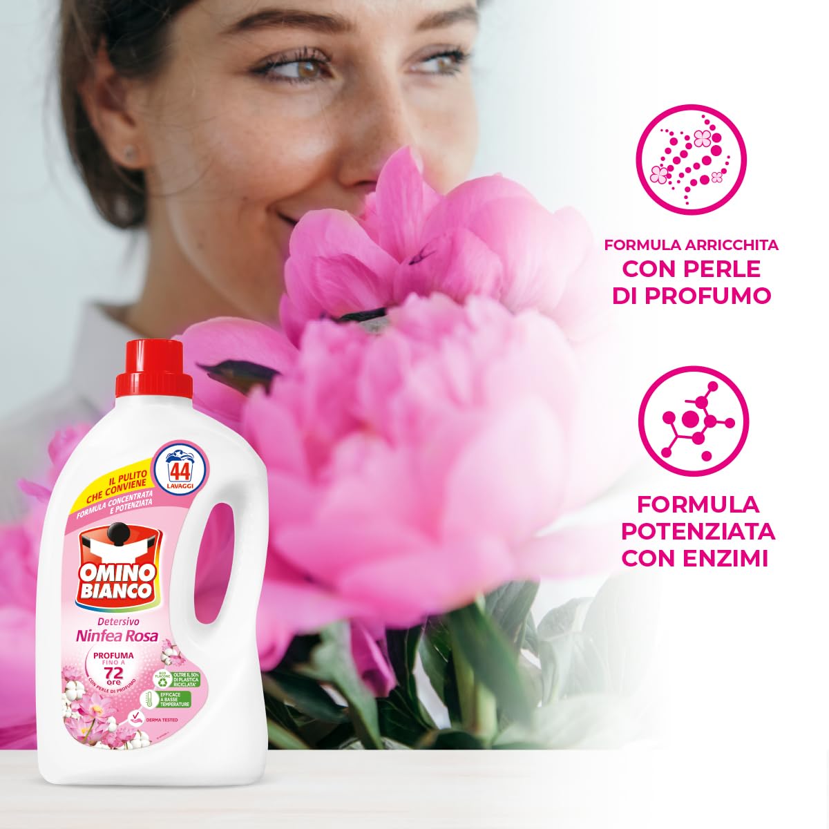 Omino Bianco - Detersivo Lavatrice Liquido, 264 Lavaggi, Rispetta Colori e Tessuti, Fresco Profumo di Ninfea Rosa, 1760 ml x 6 Confezioni
