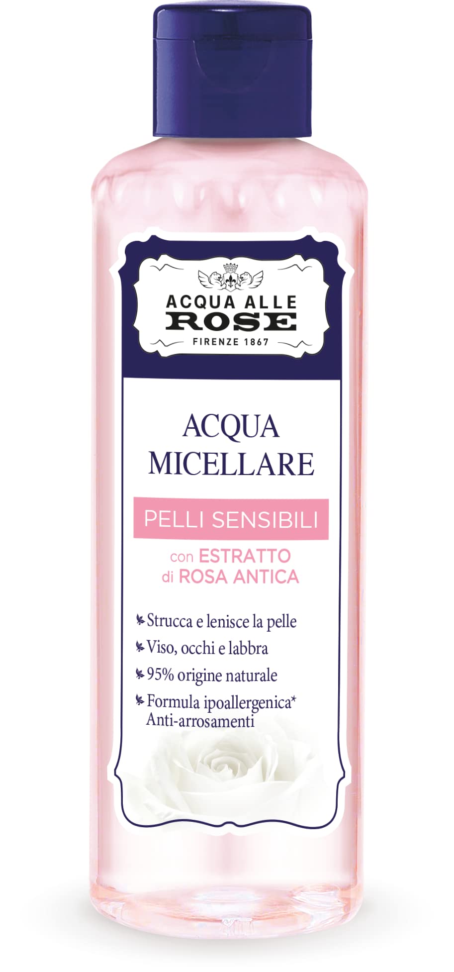 Acqua alle Rose, Acqua Micellare Struccante Sensitive, Detergente Viso Pelli Delicate con Estratto di Rosa - Formula Anti-arrossamenti con Ingredienti Naturali - Senza Alcool e Parabeni - 200 ml