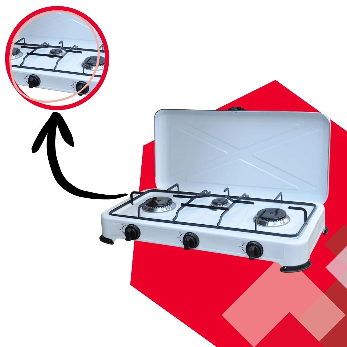 Fornello a Gas GPL Kasart - Potente Bruciatore in Acciaio Inox Leggero e Facile da Trasportare, Struttura in Acciaio Smaltato con Piedini Antisdrucciolo, Ideale per Fornello da campeggio (3 Fuochi)