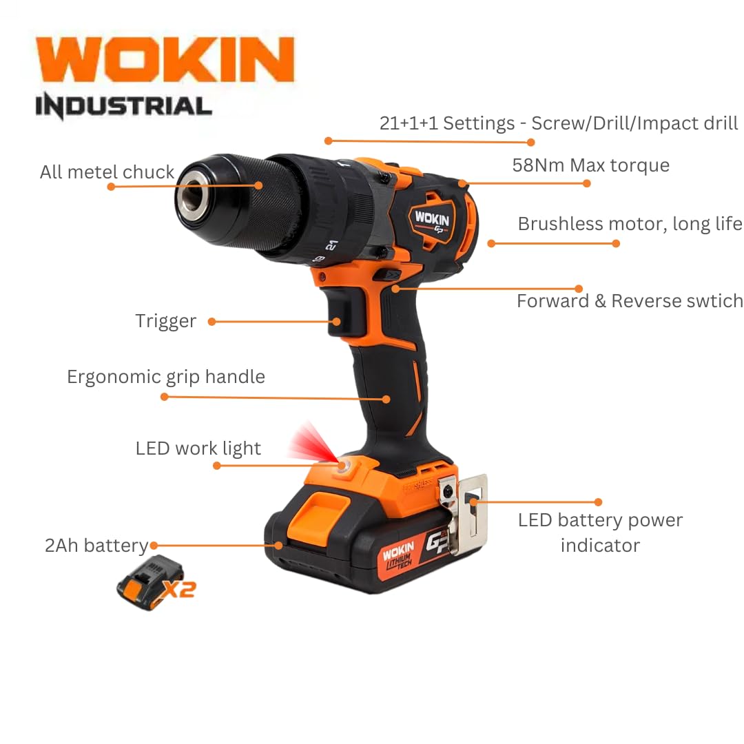 Trapano a percussione batt gp20v 620160 wokin volt 20x2 ah 2,0 + accessori + valigia Wokin