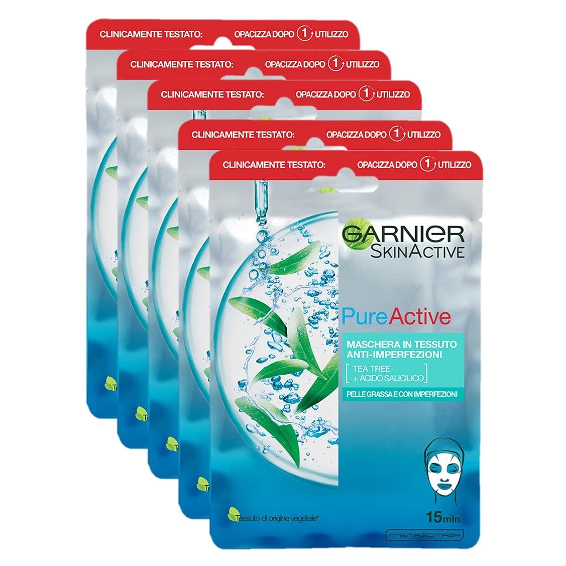 Garnier SkinActive, Maschera in tessuto anti-imperfezioni e idratante Pure Active, Per pelli grasse con imperfezioni, Confezione da 5