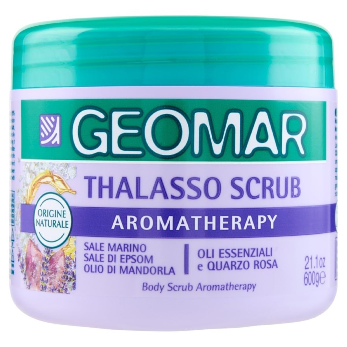 GEOMAR | Thalasso Scrub Corpo Aromatherapy, Con Sale Marino del Mar Morto e Sale di Epsom, Quarzo Rosa, Arricchita con Estratti Botanici (Timo e Mirto), 95% di Origine Naturale, Made in Italy, 600 g
