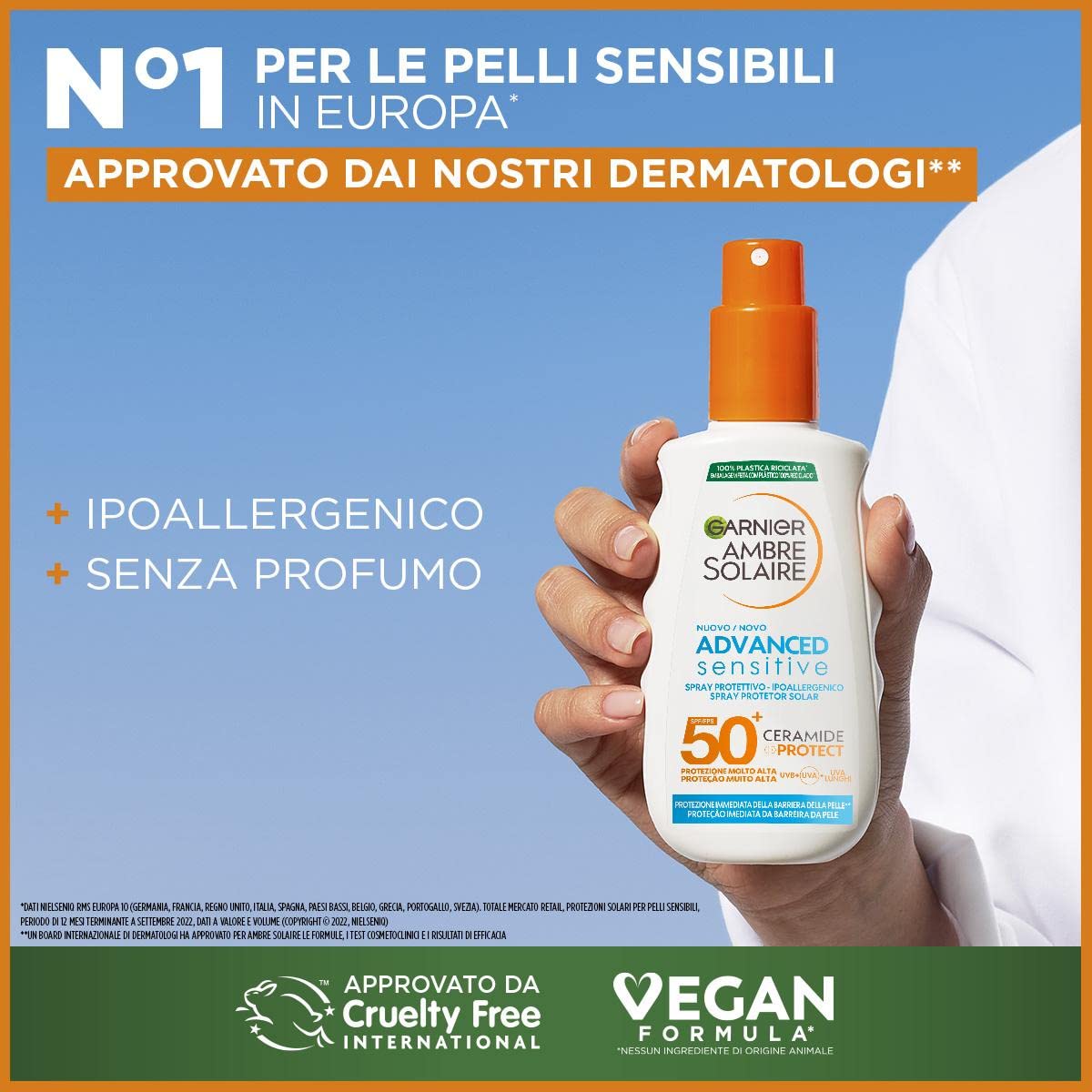 Garnier Ambre Solaire Advanced Sensitive Adulti Ceramide Protect Spray Protettivo SPF50+, 150 ml