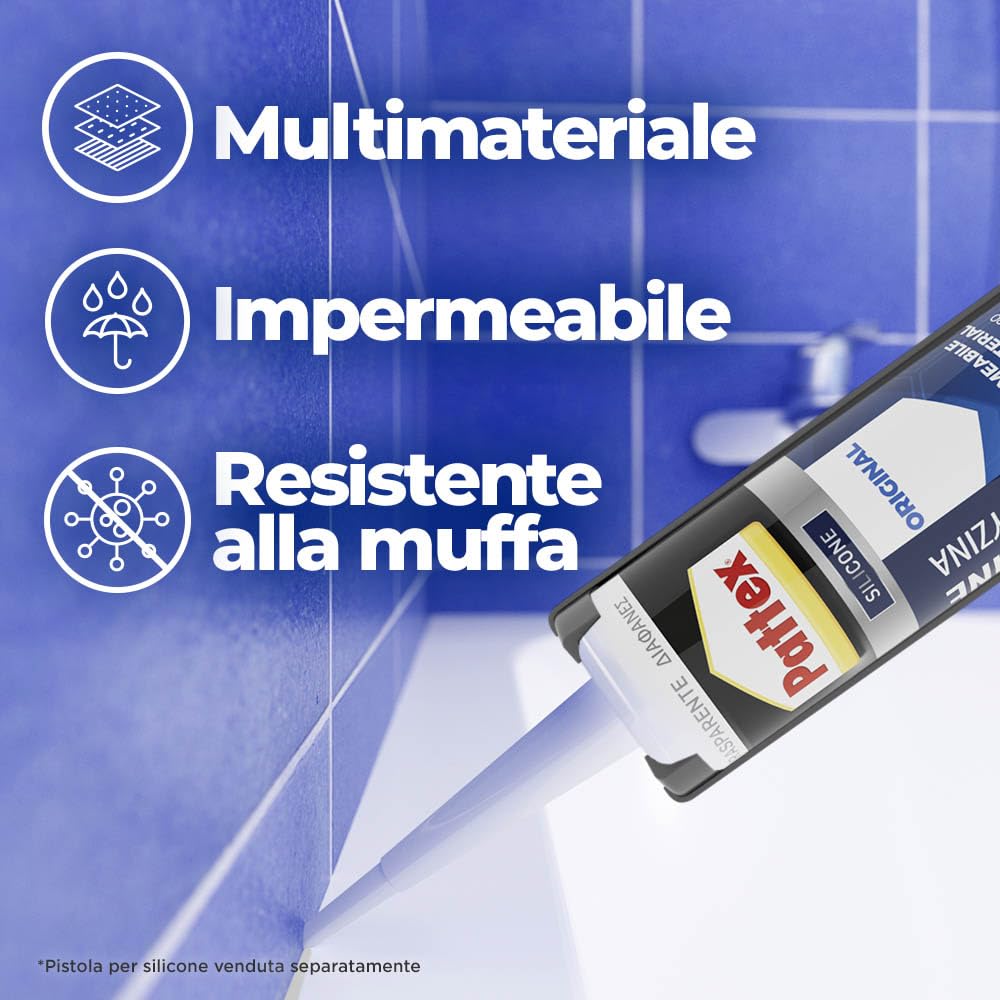 Pattex Bagni&Cucine Original Silicone Trasparente Sigillante, Silicone Cucina e bagno multimateriale e impermeabile, Sigillante Doccia per sanitari, 1 Tubo da 50 ml