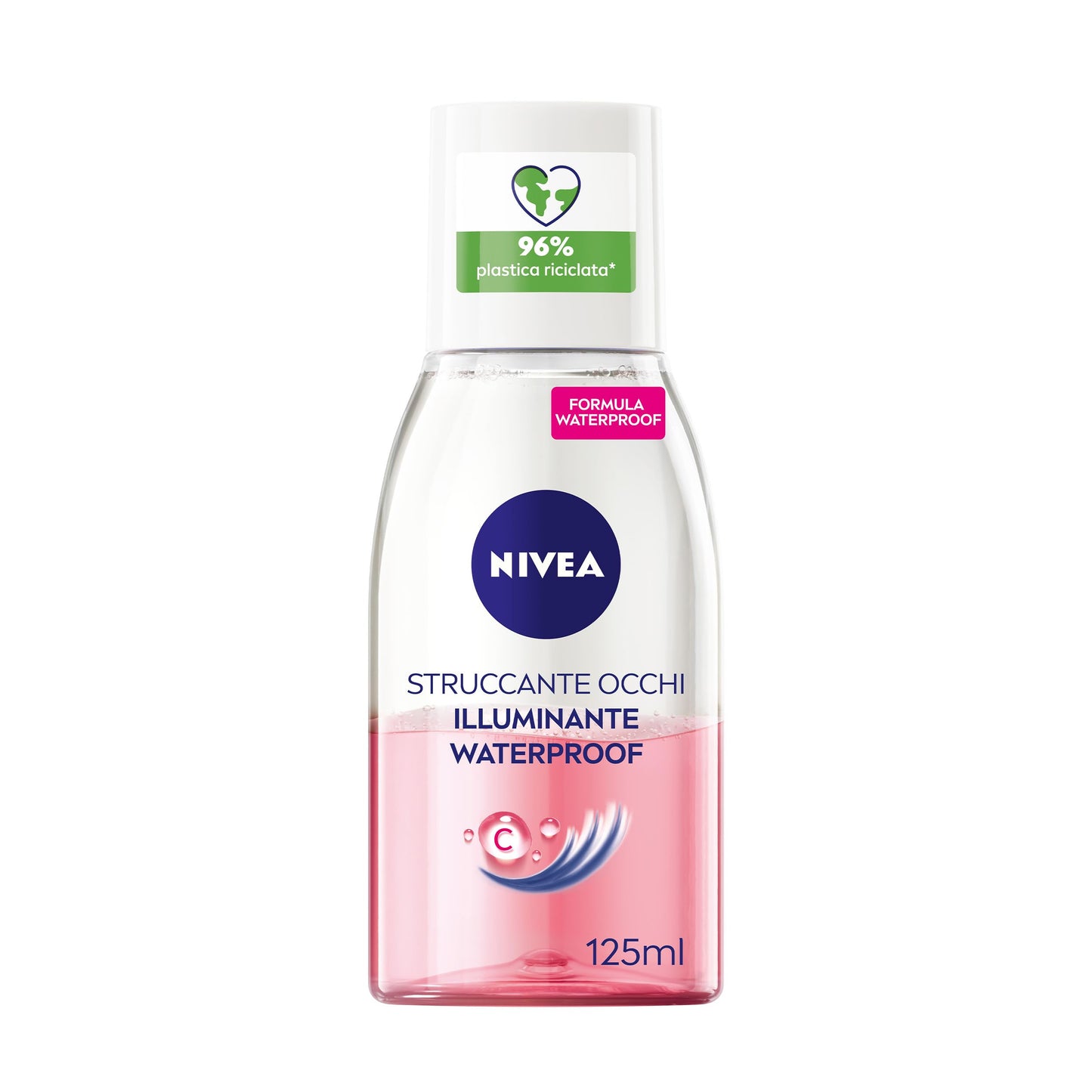 NIVEA Struccante Occhi Bifase Illuminante Waterproof 125 ml, Struccante bifasico per gli occhi arricchito con vitamina C energizzante, Olio struccante bifase per il trucco waterproof