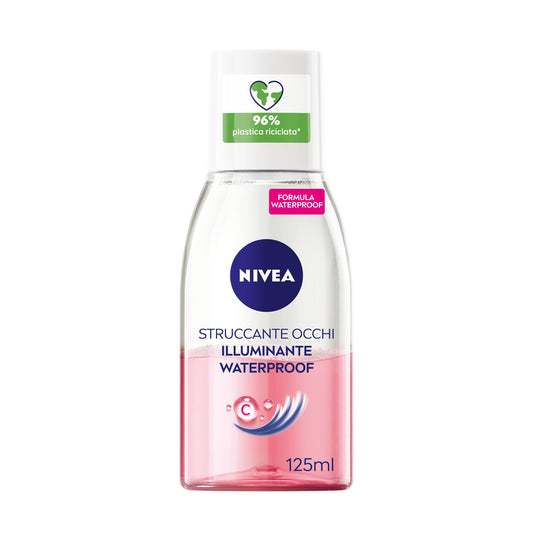 NIVEA Struccante Occhi Bifase Illuminante Waterproof 125 ml, Struccante bifasico per gli occhi arricchito con vitamina C energizzante, Olio struccante bifase per il trucco waterproof