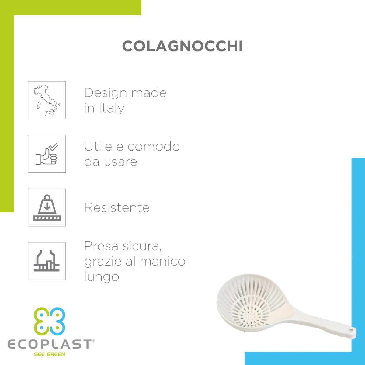 Ecoplast | Colagnocchi in Plastica, Scolapasta con Manico, Bianco o Blu, 37,7x16,5x8, Made in Italy