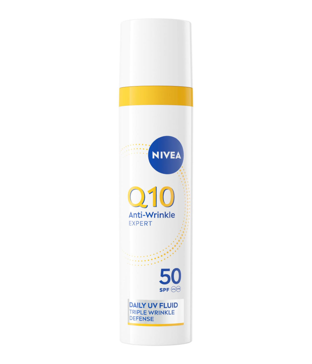 NIVEA Q10 Anti-Rughe Expert Fluido UV Quotidiano SPF 50 40 ml, Crema viso antirughe a tripla azione con protezione solare, Crema viso SPF 50 con Q10 Puro e Glycostop contro raggi UV e rughe