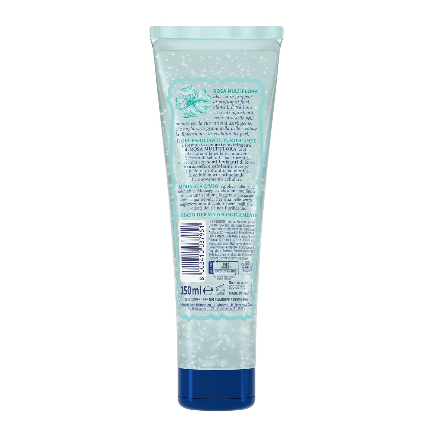 Acqua alle Rose, Gel Esfoliante Quotidiano Purificante per Pelli Normali, Miste o Grasse, Scrub Viso Delicato con Attivi Astringenti di Rosa Multiflora, Deterge, Esfolia e Purifica, 150 ml