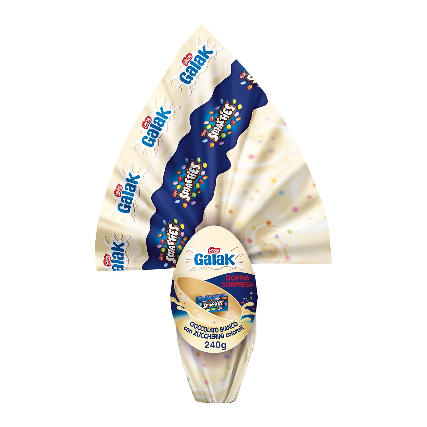 GALAK con SMARTIES Uovo di Pasqua 2025 Cioccolato Bianco con Sorpresa e Mini Smarties 240g