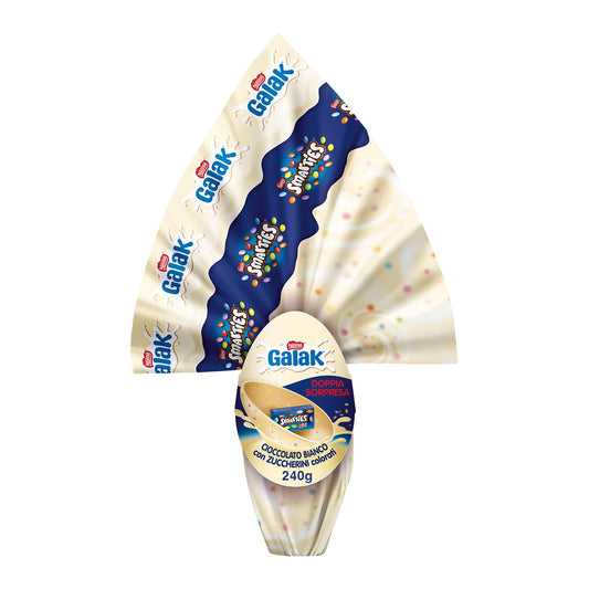 GALAK con SMARTIES Uovo di Pasqua 2025 Cioccolato Bianco con Sorpresa e Mini Smarties 240g