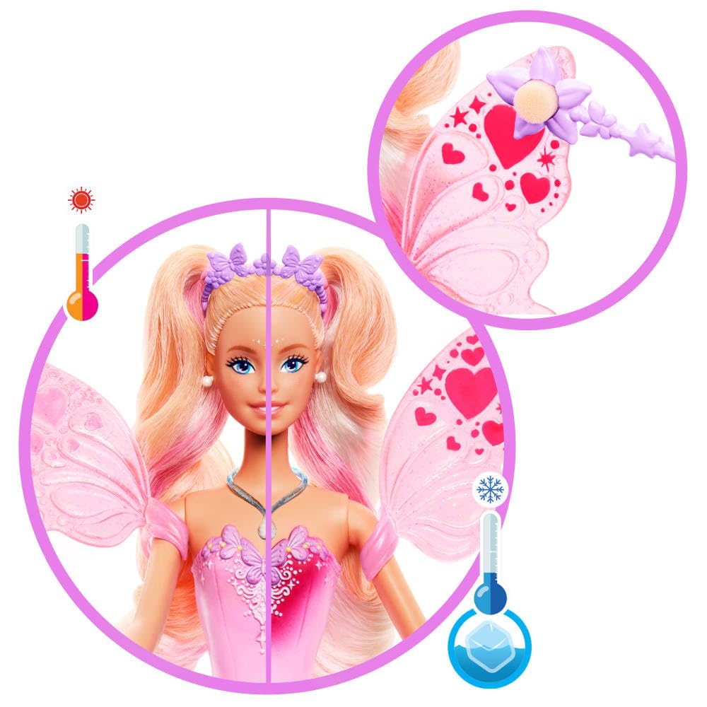 Barbie - Fata con bacchetta stellata, bambola a tema fantasy con capelli bondi, ali e outfit cambia colore in acqua calda e fredda, giocattolo per bambini, 3+ anni, JCP76