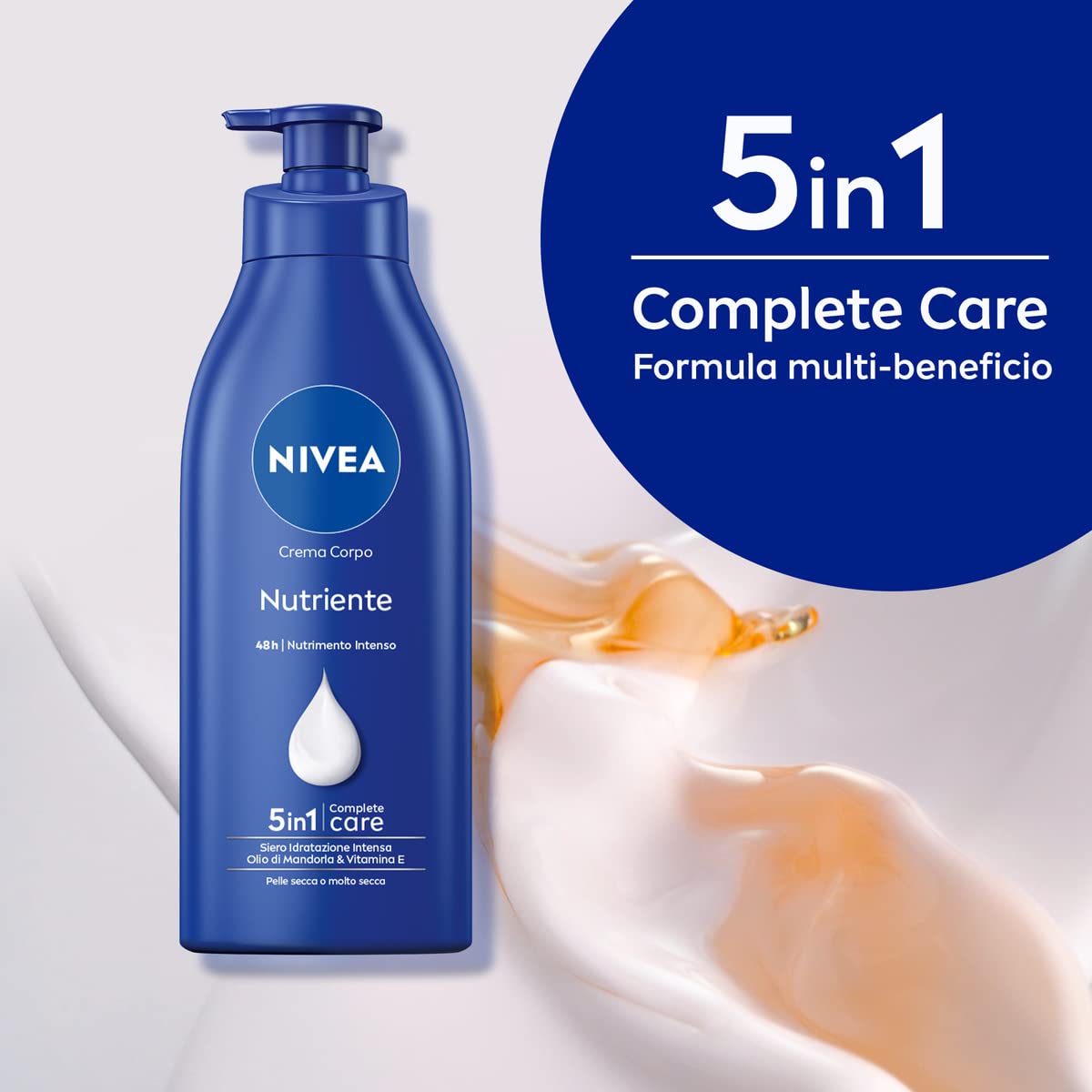 NIVEA Crema Corpo Nutriente, Crema idratante per pelle secca o molto secca, Formula arricchita con NIVEA Siero Idratazione Intensa, Olio di Mandorla Naturale e Vitamina E, 500ml