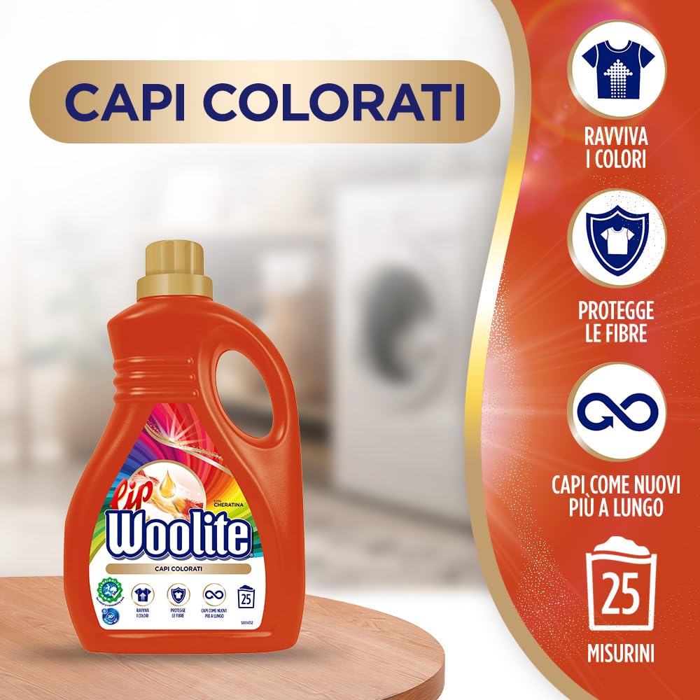 Lip Woolite Detersivo Lavatrice Capi Colorati 25 Lavaggi, 4 confezioni da 1500 ml di Detersivo Lavatrice Liquido Capi Colorati con Cheratina
