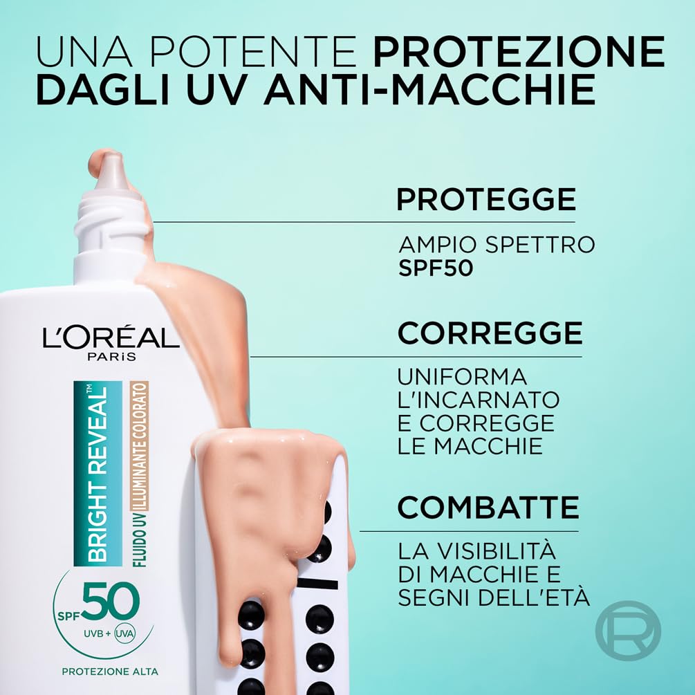 L'Oréal Paris Fluido UV Anti-Macchie, Per Tutti i Tipi di Pelle, Incarnato Luminoso, Macchie Scure e imperfezioni Meno Visibili, Con Niacinamide e SPF50, Bright Reveal, Tonalità: Light, 50 ml