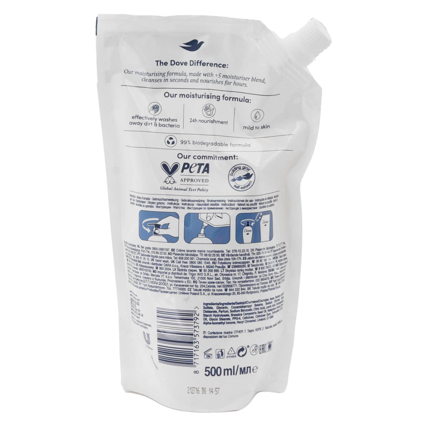 6x Dove Eco-Ricarica Seta Preziosa Detergente Liquido Idratante Sapone Mani Pelle Liscia e Morbida - 6 Ricariche da 500ml