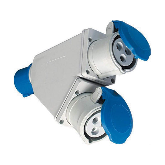 Adattatore Industriale Doppio Spina: 2P + T16A Cee Blu - Ip44. Presa: 2X2P + T16A - Ip44.