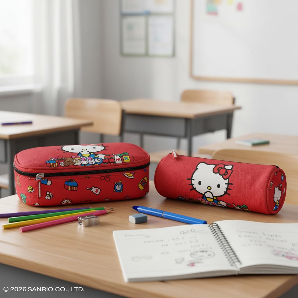 HELLO KITTY- Astuccio Scuola Ufficiale Hello Kitty, Astuccio Ovale Organizzato per Bambini, Ideale per Riporre la Cancelleria, con Divisorio Interno e Passanti Elastici, Pratica Chiusura a Zip