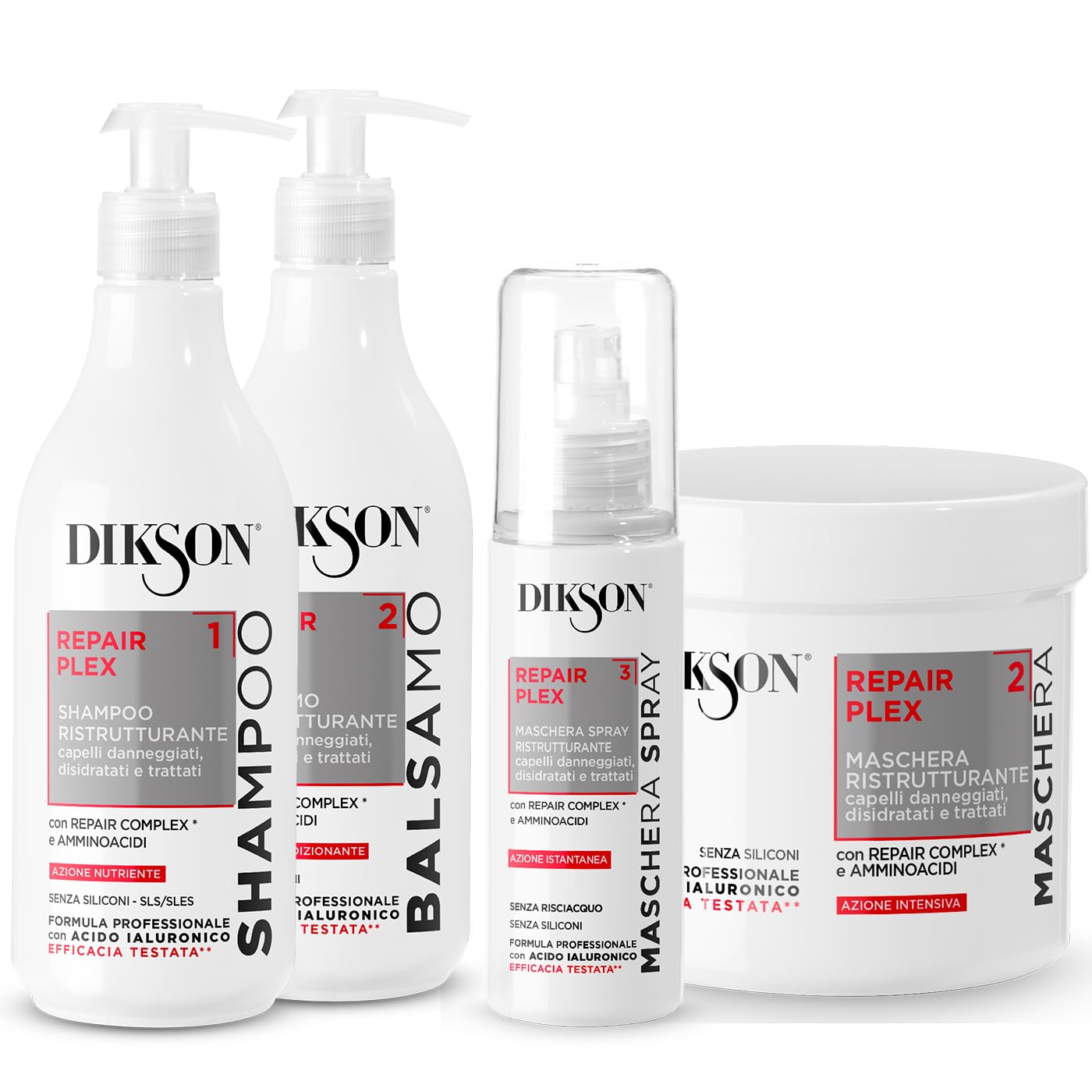 Dikson Repair Plex, Set Trattamento Riparatore Capelli Danneggiati: Shampoo 400ml, Balsamo 400ml, Maschera 500ml, Maschera Spray 150ml