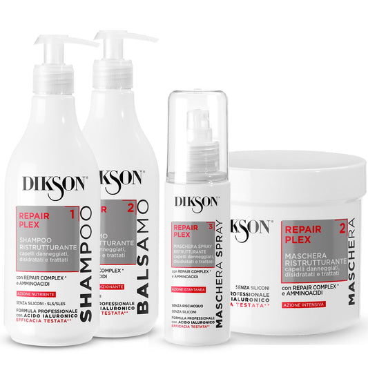 Dikson Repair Plex, Set Trattamento Riparatore Capelli Danneggiati: Shampoo 400ml, Balsamo 400ml, Maschera 500ml, Maschera Spray 150ml