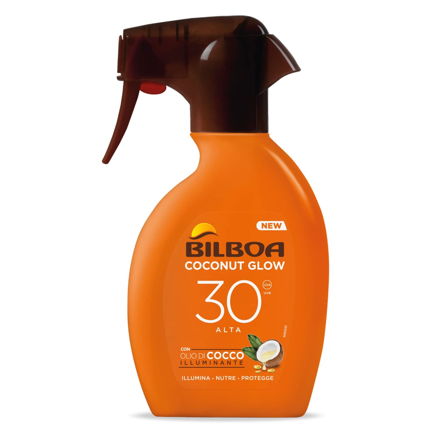 Bilboa, Trigger Solare Coconut Glow SPF 30, Crema Solare Spray con Olio di Cocco e Vitamina E, Leggera sulla Pelle, Protezione Solare Resistente all'Acqua, 250 ml