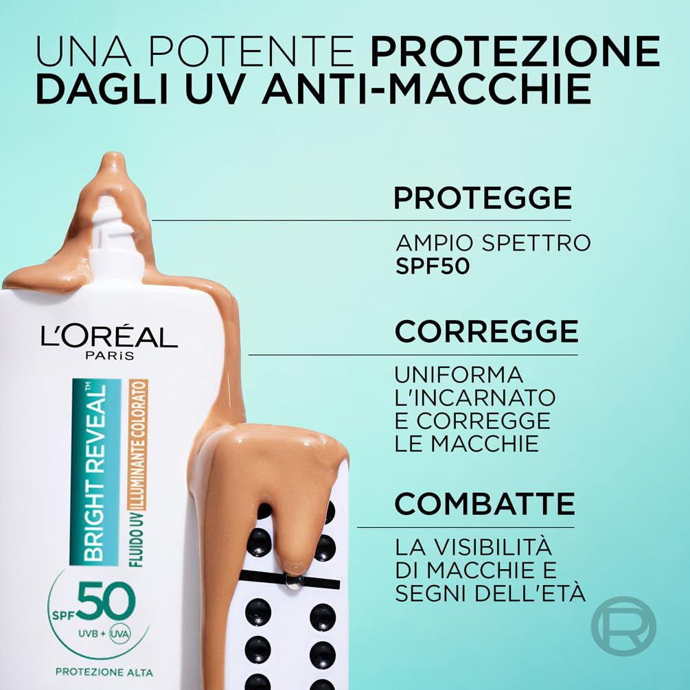 L'Oréal Paris Fluido UV Anti-Macchie, Per Tutti i Tipi di Pelle, Incarnato Luminoso, Macchie Scure e imperfezioni Meno Visibili, Con Niacinamide e SPF50, Bright Reveal, Tonalità: Medium, 50 ml