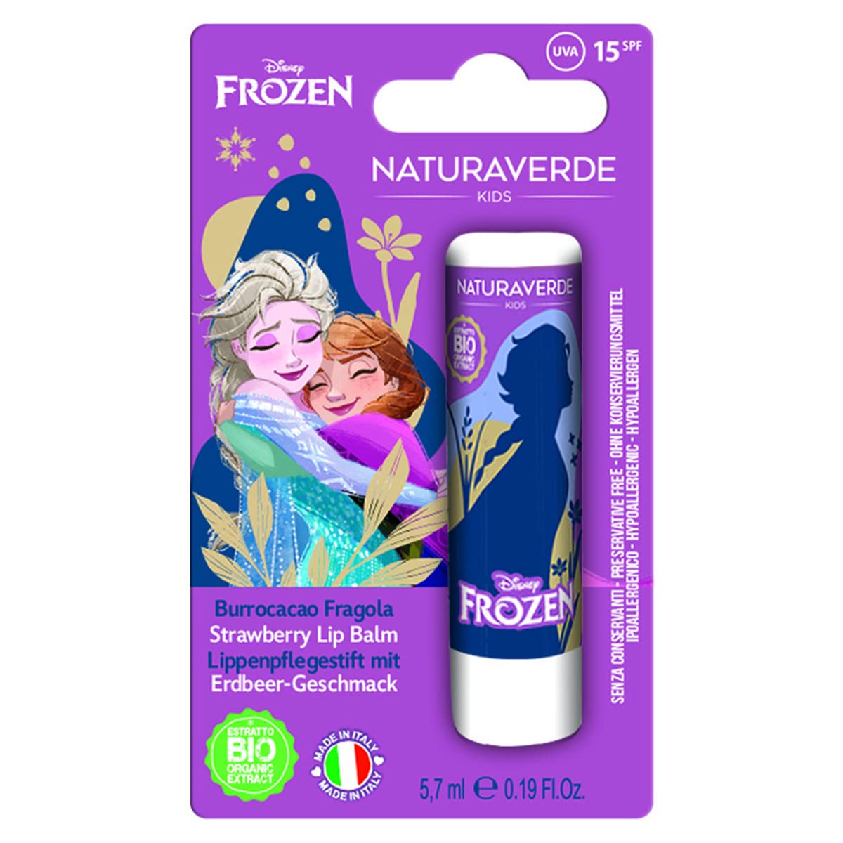 Naturaverde | Kids - Disney Frozen - Burrocacao alla Fragola, Burro Cacao Bambina con Burro di Karité BIO, con Filtri UVA-UVB - SPF 15, Lipstick da 5,7ml