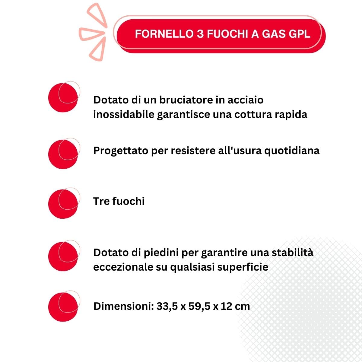 Fornello a Gas GPL Kasart - Potente Bruciatore in Acciaio Inox Leggero e Facile da Trasportare, Struttura in Acciaio Smaltato con Piedini Antisdrucciolo, Ideale per Fornello da campeggio (3 Fuochi)