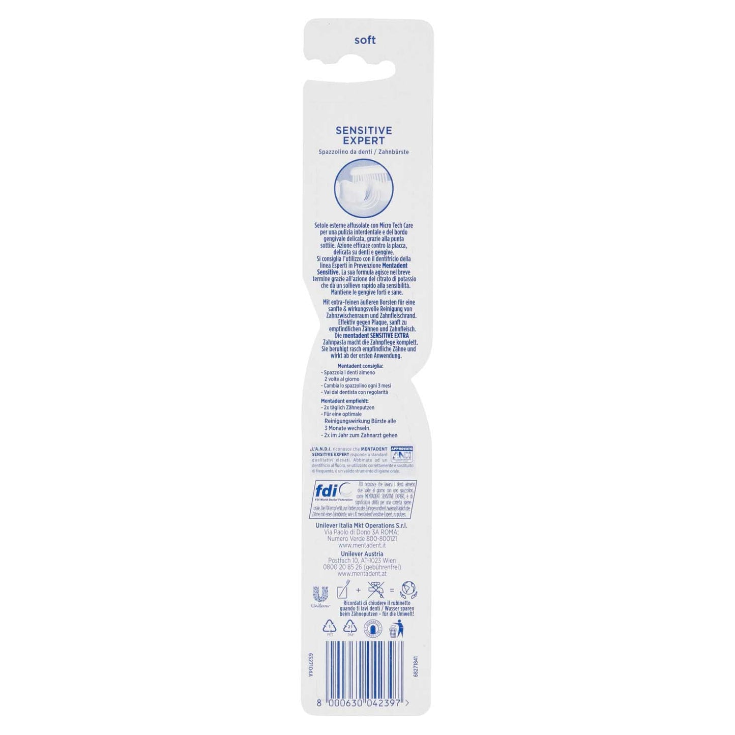 4x Mentadent Sensitive Expert Spazzolino con Setole Morbide Affusolate Micro Tech Care - 4 Spazzolini
