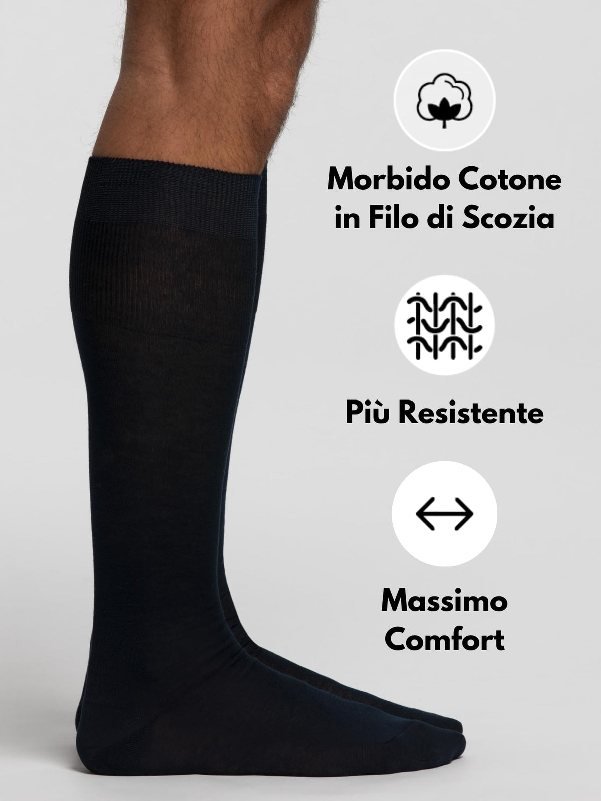 POMPEA Calzino Uomo Lungo in Cotone Filo di Scozia Liscio, Polsino Elastico