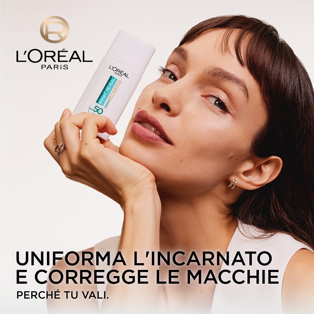 L'Oréal Paris Fluido UV Anti-Macchie, Per Tutti i Tipi di Pelle, Incarnato Luminoso, Macchie Scure e imperfezioni Meno Visibili, Con Niacinamide e SPF50, Bright Reveal, Tonalità: Light, 50 ml
