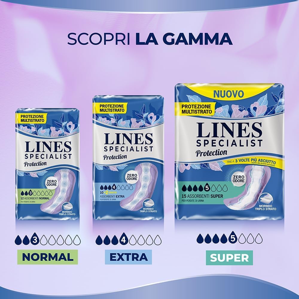 Lines Specialist Protection Super, Assorbenti per Incontinenza Donna, Tecnologia Zero Odore e Protezione Multistrato, Minimo Ingombro, Scorta Mensile, 4 Confezioni da 15 Unità