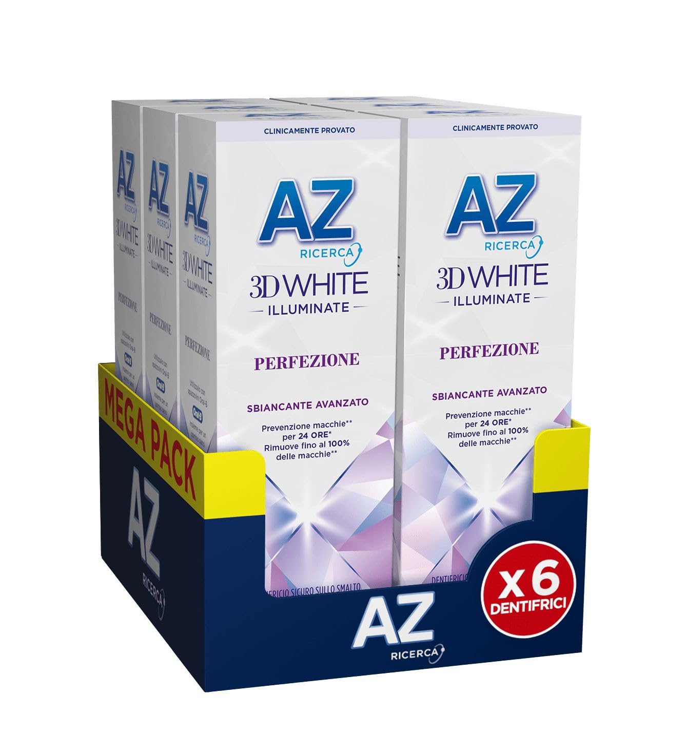 AZ Ricerca DENTIFRICIO 3D White Illuminate Perfezione, SBIANCANTE AVANZATO, RIMUOVE Fino al 100% delle MACCHIE Superficiali, Confezione da 6 Dentifrici (6x50ml), Gusto MENTA FREDDA PIPERITA
