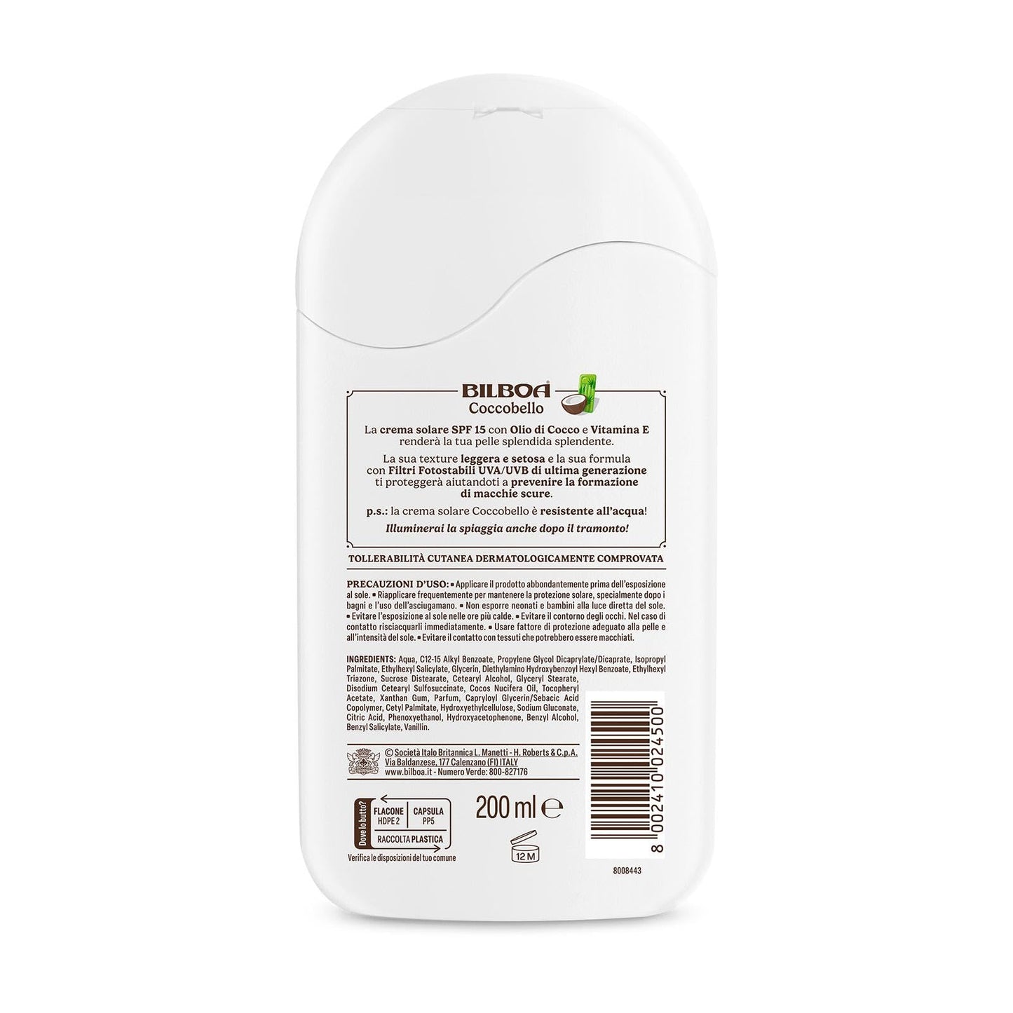 Bilboa Coccobello Latte Solare SPF 15, con Olio di Cocco, Illuminati d’Immenso, Resistente all'Acqua, 200 ml