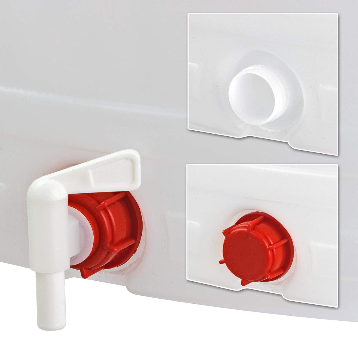 Bottiglione in plastica (HDPE), quadrato con collo largo e rubinetto, capacità 10 Lt, maniglia in ferro e tappo a vite (incluso)