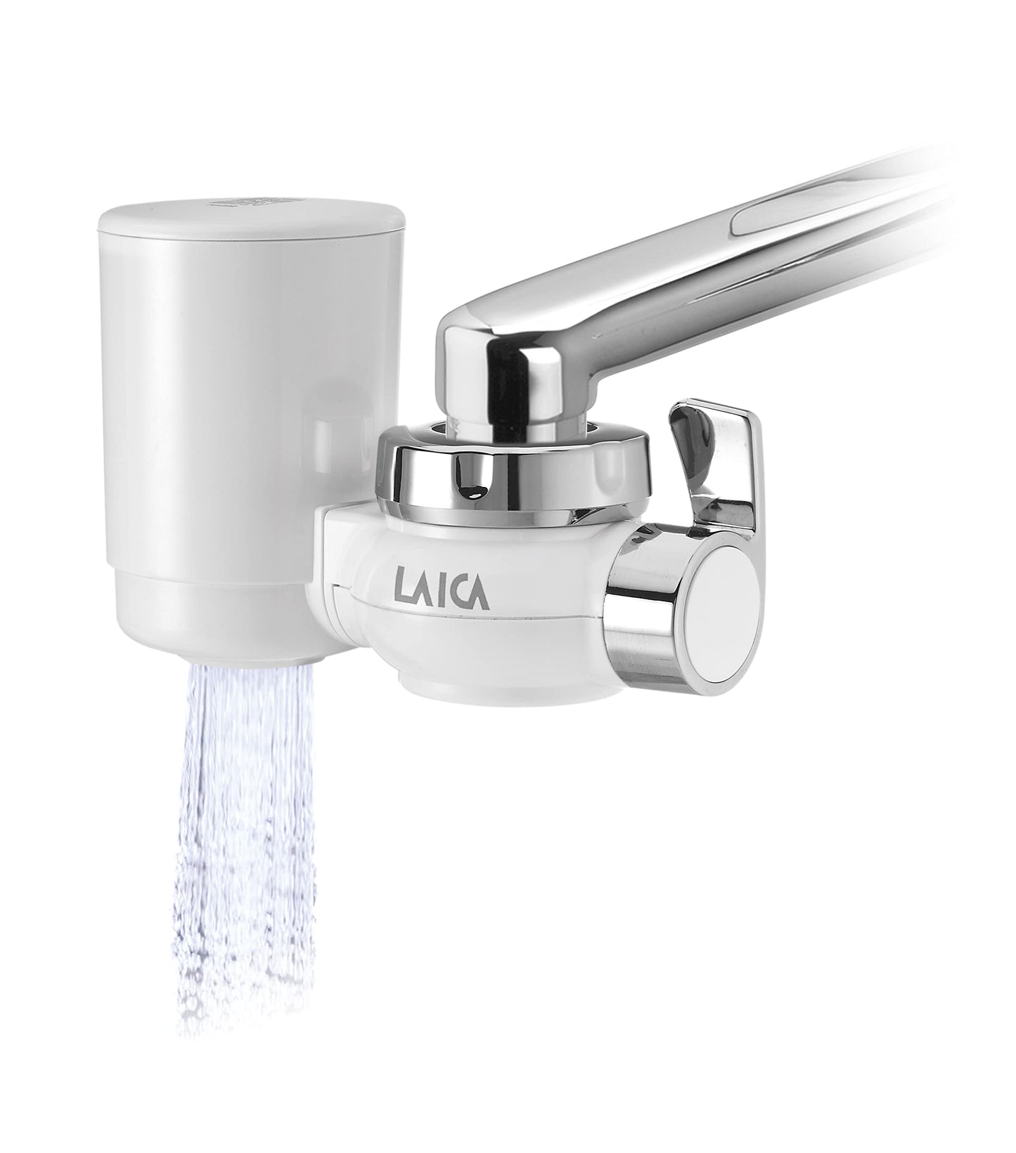 LAICA R20A Filtro rubinetto GENOVA, con sistema filtrante HYDROSMART+ METAL STOP, 1200 L di Acqua Filtrata, Adattatori per rubinetto inclusi, Made in Italy, Bianco/Cromato