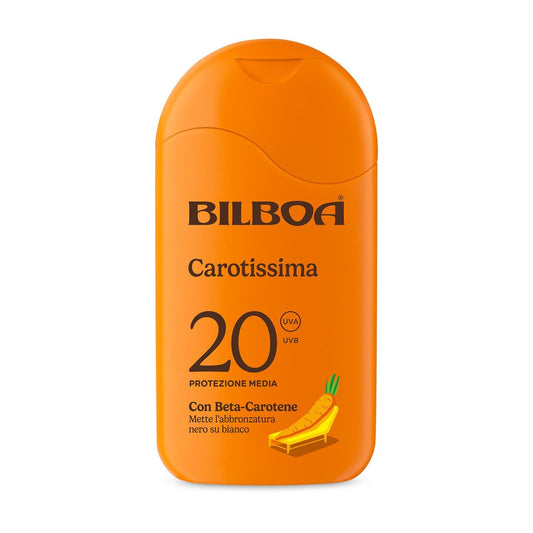 Bilboa Carotissima, Latte Solare SPF 20, Abbronzante Corpo, Formula con Betacarotene , Mette l'Abbronzatura Nero su Bianco, Resistente all'Acqua, Dermatologicamente Testato, 200 ml