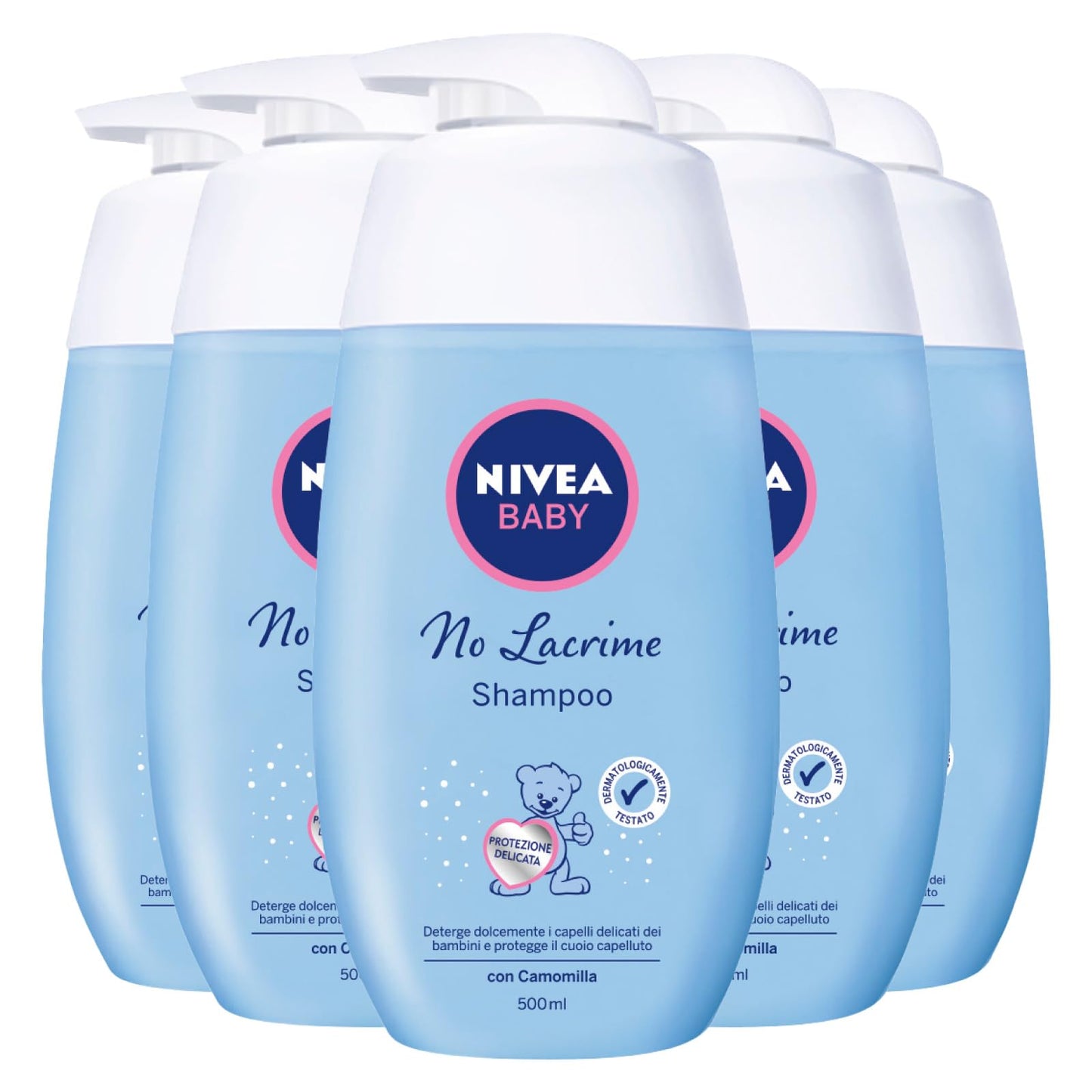 Nivea Baby Shampoo No Lacrime Detergente Capelli Bambini Senza Coloranti Artificiali Docciashampoo delicato e ipoallergenico con Camomilla Senza Alcool e Parabeni - 5 Flaconi da 500ml